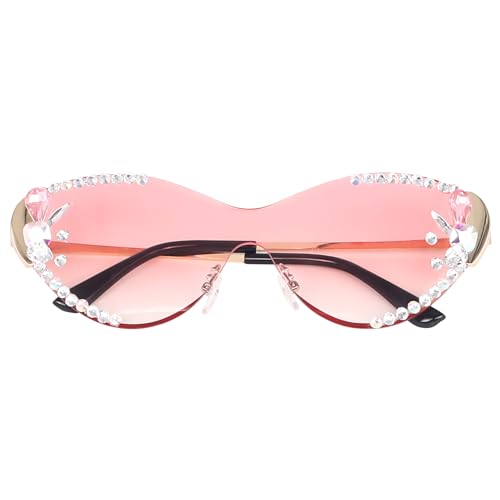 Image of Dervin Cat Eye Sunglasses for Women - UV400 Protection, Rimless Flower Diamond-Cut Lens, Trendy Driving Shades for Women