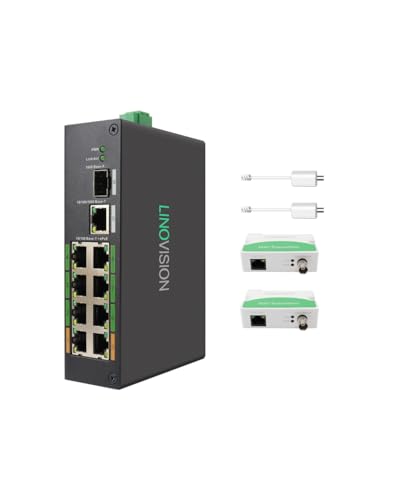 Image of LINOVISION Industrial 8-Port EOC & POE Switch with 2pcs EOC Transmitters, Long Reach PoE Over Coax or UTP Cable, Simplified Wiring, Upgrading Analog System to IP Surveillance System
