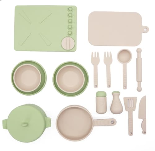 Apaeofl子供用教育用ままごとおもちゃ、女の子用模擬シリコン食器一式、ミニキッチンおもちゃ (グリーン)