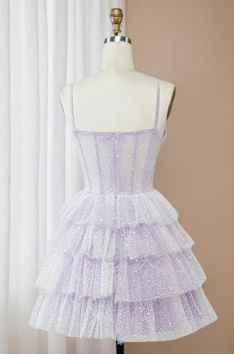 Sparkly Tulle Homecoming Dresses for Teens Spaghetti Straps Cocktail Dress Short Tiered Prom Ball Gown2