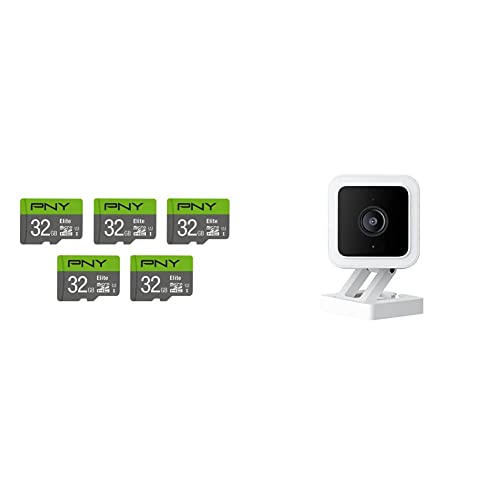 PNY 32GB Elite Class 10 U1 microSDHC Flash Memory Card 5-Pack - 100MB/s, Class 10, U1, Full HD, UHS-I, Micro SD & WYZE Cam v3 with Color Night Vision, Wired 1080p HD Indoor/Outdoor Video Camera