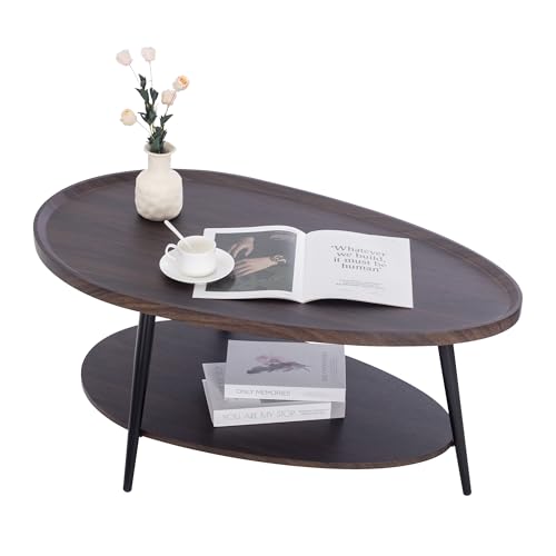 TDLEAYYD Oval Coffee Table, 2-Tier Coffee Table with Open Storage Shelf, 40' Modern Wood Center Table Tea Table for Living Room, Bedroom, Apartment, Dark Walnut