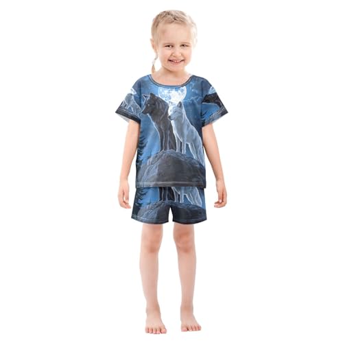ALAZA Wolf Black White Moon Blue Pajamas Set Short Sleeve Cotton Sleepwear Summer Pjs 2 Piece 5-14Y3