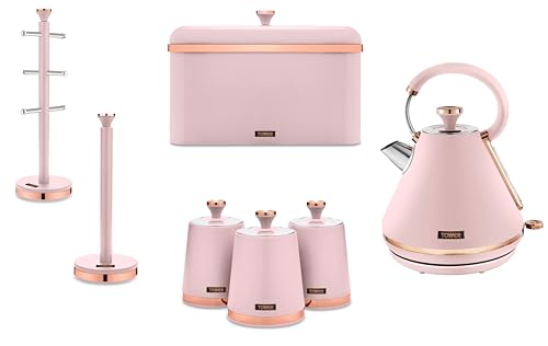 Tower Cavaletto Pink Pyramid Kettle, Bread Bin, Set of 3 Canisters, Mug Tree & Towel Pole. Matching Set of 7 Kitchen Items in Pink & Rose Gold
