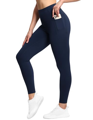 THE GYM PEOPLE Tummy Control Workout Leggings with Pockets High Waist Athletic Yoga Pants for Women Running, Fitness (Navy Blue, Medium)