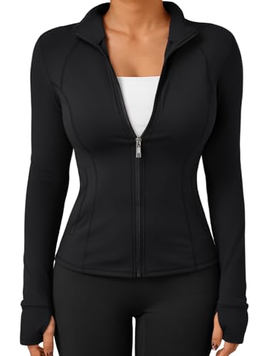 Trendy Queen Womens Lightweight Zip Up Jackets 2025 Athletic Hoodies Fall Gym Shirts Running Workout Clothes with Pocket Black S