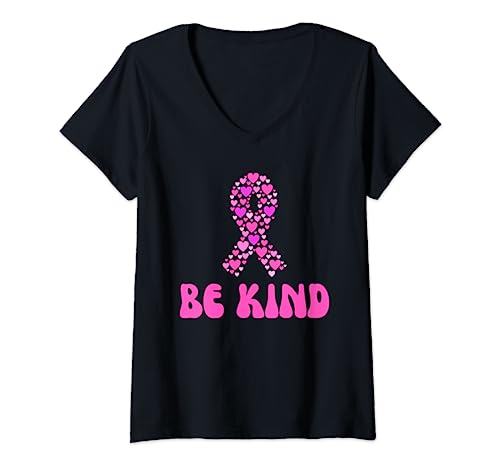 Donna Be Kind Cuore rosa Nastro Sensibilizzazione Cancro al Seno Mese Maglietta con Collo a V