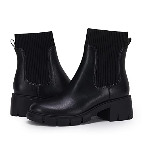 Image of Ruanyu Womens Platform Ankle Boots Elastic Chunky Block Heel Chelsea Booties Lug Sole Non-Slip Combat Shoes