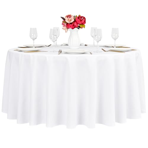 Pesonlook Lot de 1 Nappe Ronde en Polyester Blanc de 305 cm, Nappe en Tissu Polyester Lavable en Masse pour Table, Idéale pour Mariage, Fête, Banquet, Buffet, Dîner de Vacances