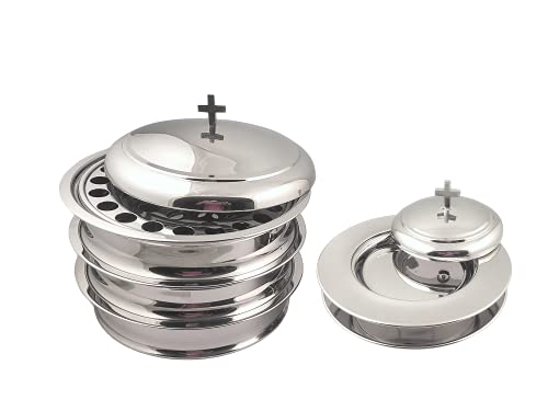 Communion Ware 3 Holy Wine Serving Trays With A Lid & 2 Stacking Bread Plates With A Lid - Stainless Steel (Mirror/Silver) #TOP24