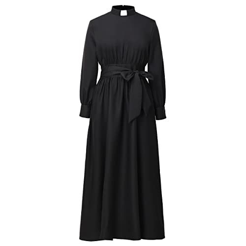 Image of CAMDOM Church Clergy Dress for Women Long Sleeve A Line Elegant Maxi Dress with Tab Insert Stand Collar and BeltA