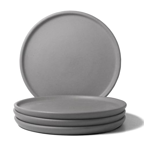 Image of Ceramic Dinner Plates, 4 Pcs | Rim Plate for Easy Eating | Microwave, Oven, Dishwasher Safe | Set of 4 Ceramic Plates for Dinner | Handmade | (Pebble Grey, Set of 4 Dinner Plates)