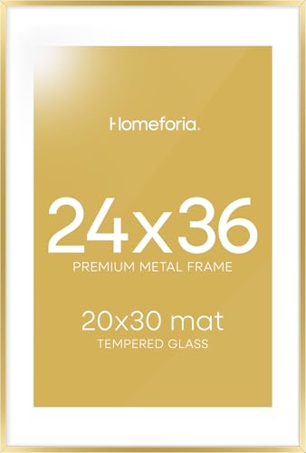 Image of Homeforia 24x36 Gold Picture Frame, High End Metal 24 x 36 Large Poster Frames with Mat 20 by 30 inch Photo, 24x36 Gold Frame Matted to 20x30 for Print, 36x24 Frame, Tempered Glass, Wall Kit, Set of 2