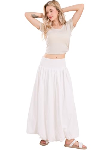 ebossy Women's Smocked High Waist Pleated Solid Color A-Line Flowy Bud Lantern Long Skirt3