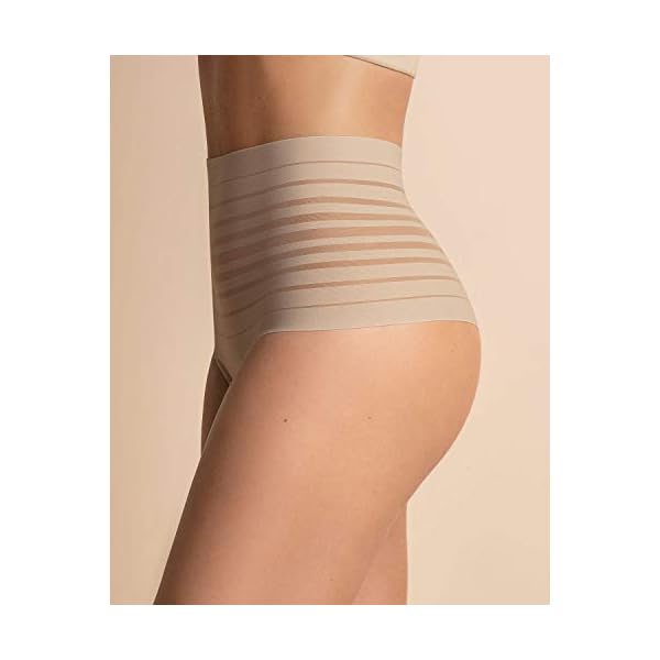 Leonisa Seamless High Waisted Thong Panty with Lace Stripe - Slimming Tummy Control Underwear Beige