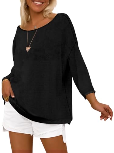 Image of BZB Women's Sweaters Trendy Casual Crewneck Lightweight Knit 3 /4 Length Sleeve Fall Sweaters Tops 2024