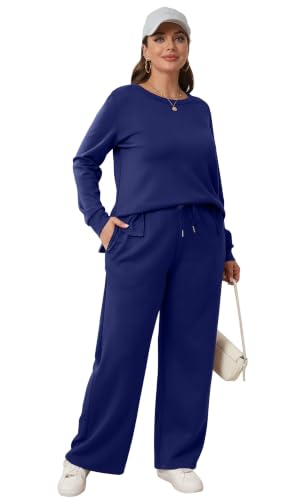 Image of WIHOLL Women's 2 Piece Lounge Sets Sweatshirt Casual Travel Outfits Fashion Wide Leg Tracksuit Cozy Sweatsuits