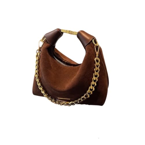 Image of Stylish Brown Suede and Leather Handbag with Gold Chain Handle