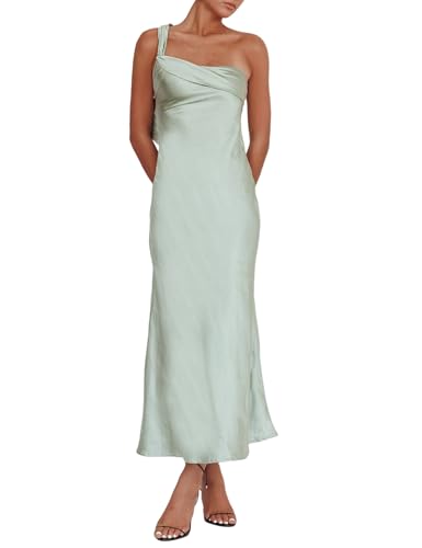 Image of 2026 Satin One Shoulder Maxi Dress for Women Summer Silk Formal Elegant Backless Ruffle Sleeveless Wedding Guest Dresses