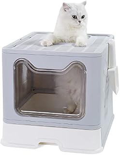 Vealind Foldable Cat Litter Tray Cats Litter Box with Front Entry & Top Exit XXL Extra Large Space Toilet Boxes with Trays, Lid and Pet Litter Shovel (Light Grey)