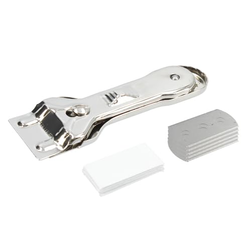 Rascavidrio de acero inoxidable con cuchilla doble de 39mm y 5 hojas de recambio, ideal para vitrocerámicas y limpieza de cristales.