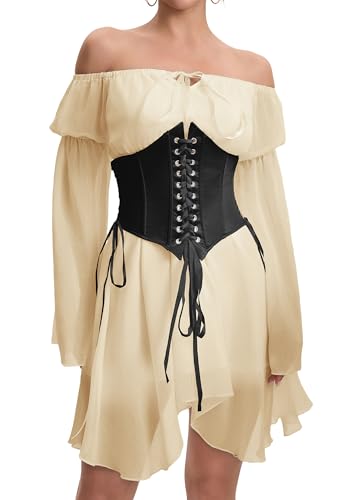Image of Womens Corset Dresses Off Shoulder Bell Sleeve Casual Party Fairy Two Piece Outfits Bustier Dress