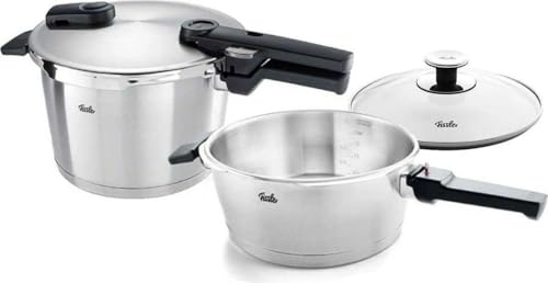 Fissler Vitaquick Premium Juego de Olla a Presión, 2 Piezas (2 Ollas a Presión con Tapadera Metálica de 3,5 L + 6 L + 1 Tapadera Adicional de Vidrio), Inducción