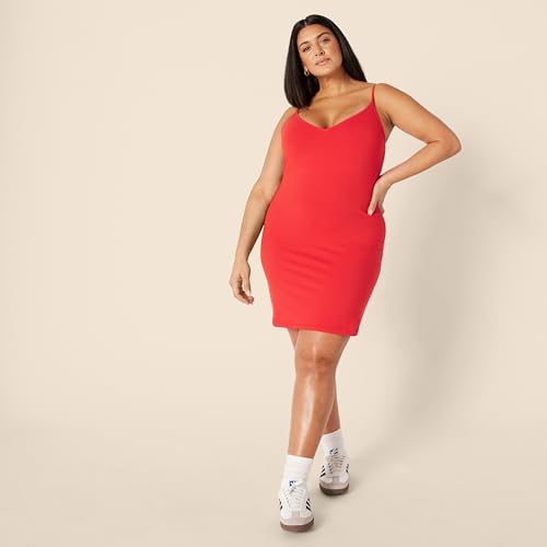 Image of Amazon Essentials Women's V Neck Slim Fit Cotton Layering Slip Dress with Adjustable Elastic Cami Straps