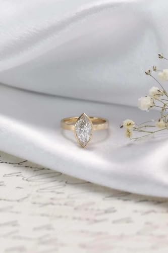 2CT Marquise Cut Moissanite Engagement Ring for Women 14K Yellow Gold Bezel Set Thick Wide Band Handmade Solitaire Wedding Ring Unique Gift Jewelry for Her2