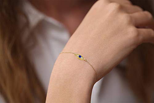 14K Yellow Gold Evil Eye Bracelet For Women Protection Link Bracelet Evil Eye Jewelry Anniversary Present For Wife ,Girlfriends , 6.5’’+2’’ #TOP1