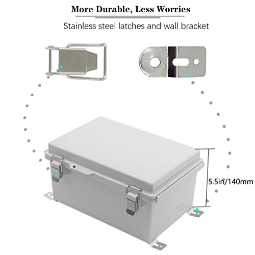 Zulkit Junction Box,Ip67 Waterproof Electrical Box Hinged Cover Stainless Steel Latch Plastic Enclosure For Project W Mounting Plate Wall Bracket And 2 Cable Gland Grey 11.4"X7.5"X5.5"/290X190X140Mm #TOP2