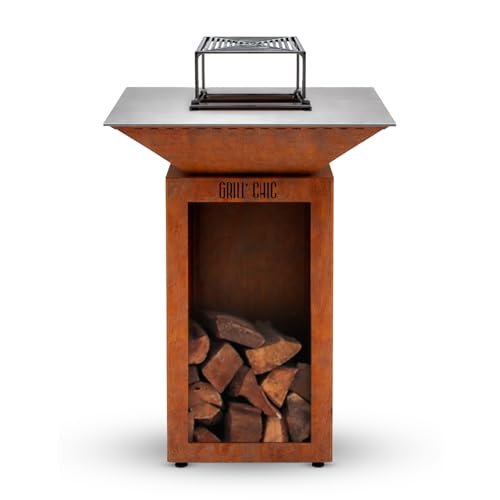 GRILL'CHIC - Pack Privilège Brasero Cévenol Corten Bois Carré - Simple Cuve - Avec Bâche + Grille + Stop Food Inclus - À Assembler - Fabriqué en France -...