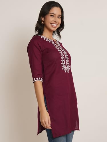 Image of Brownverse Pure Cotton Embroidered Women Short Kurti
