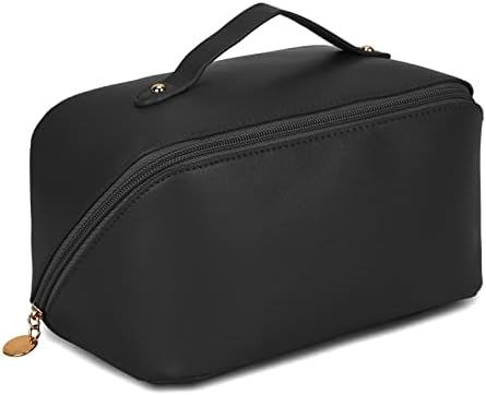 Portable Travel Makeup Bag Achort Soft PU Leather Cosmetic Bag Large Capacity Make Up Bag Ladies Waterproof Toiletry Bag Case Organiser Storage Pouch with Gold Zipper for Women Girls (Black)