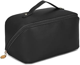 Portable Travel Makeup Bag Achort Soft PU Leather Cosmetic Bag Large Capacity Make Up Bag Ladies Waterproof Toiletry Bag Case Organiser Storage Pouch with Gold Zipper for Women Girls (Black)