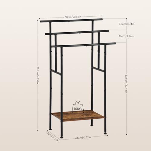 FetiNes Handtuchständer Stehend ohne Bohren, Industrie-Design Handtuchhalter mit 3 Stangen & Holzablage, Freistehendes Badregal für Badezimmer, Schlafzimmer, Flur - Platzsparend, Dunkelbraun/Schwarz