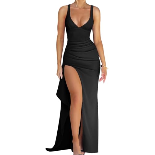 AOWVUTS Damen Abendkleid Elegant Ärmelloses Lange Ballkleider Sexy V-Ausschnitt Maxikleid mit Schlitz Mode Spaghetti Wickelkleid Festliche Bodycon...