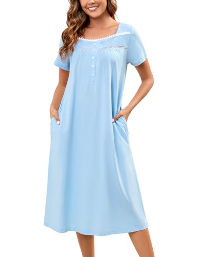 Bloggerlove 100% Cotton Nightgowns for Women Embroidery Pleated Button House Dress Long Moomoo Nightgown with Pockets