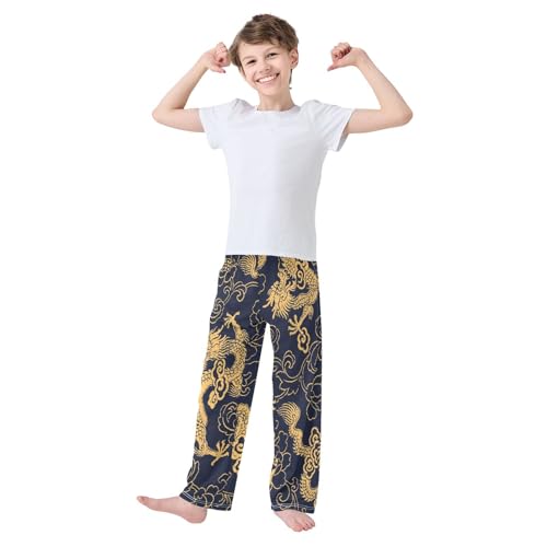 Golden Dragon Boys Long Pants Soft Trousers Elastic Waist Kids Lounge Bottoms with Pockets S-XL2