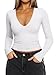 REORIA Women's Sexy Plunge Deep V Neck Long Sleeve Basic T Shirts Trendy Slim Fit Lightweight Y2K Going Out Crop Tops White Large