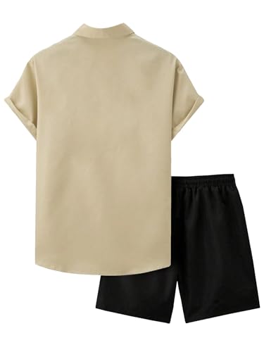 GORGLITTER Men's 2 Piece Outfits Tropical Letter Print Button Down Shirt Drawstring Waist Shorts Set2