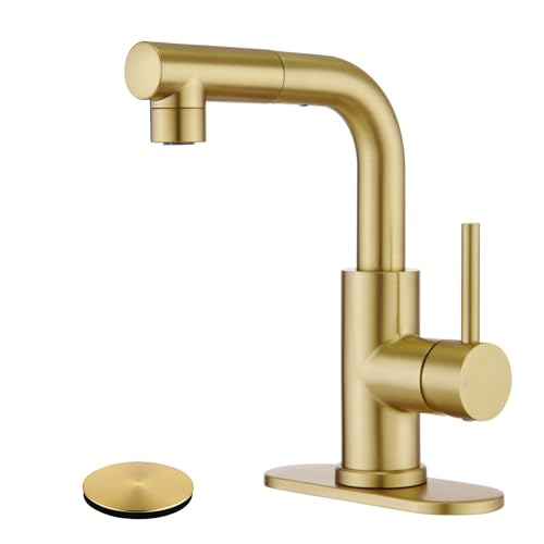 Bar Sink Faucet, Gold Bathroom Faucet with Pop-up Drain, Kitchen Faucets with Pull Out Sprayer for RV/Camper/Bar Utility Faucet Brushed Gold YardMonet