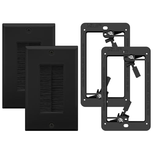 VCE Brush Wall Plate with Bracket, Cable Pass Through Insert Single Gang Decorator Wall Cover for Low Voltage Cables, Cord Hider for Wall Mount TV, Home Theater System, Black (2-Pack)