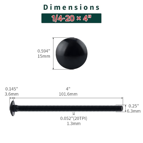 Image of 1 /4-20 x 4 Black Carriage Bolts with Nuts and Washers Kits (10 Sets), 304 Stainless Steel 18 /8, Black Finish, Round Head, Square Neck, Heavy Duty Bolts, Indoor Outdoor Fastening Bolts, Fayeploo