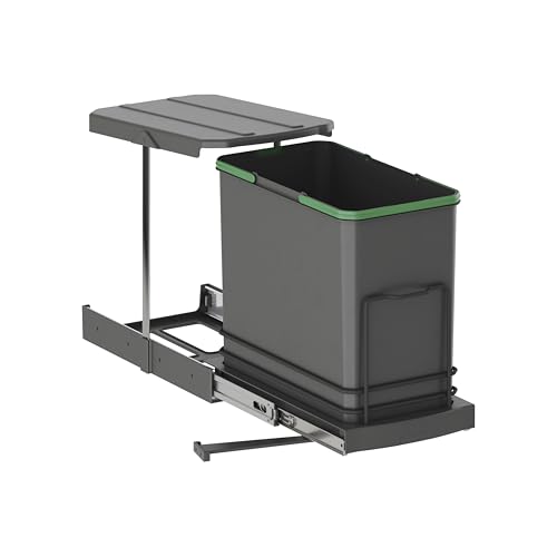 Emuca - Poubelle de tri sélectif pour meuble de cuisine, 24 L, fixation par le bas et extraction manuelle/automatique, plastique gris anthracite.