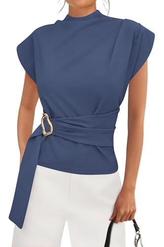 PRETTYGARDEN Women Blouses Spring Dressy Cap Sleeve Mock Neck Work Shirts Buckle Tunic Summer Business Casual Tops 2026(Grey Blue,Large)