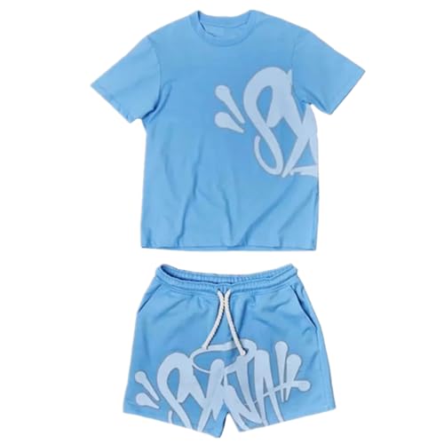 Dinint Hombre Camiseta Pantalónes Cortos Conjunto, Tee Para Hombre, Chándal Syna World Verano, Juego de 2 piezas Cuello Redondo Chándal Unisex Set, Conjunto De Sudadera Informal, Azul claro XL