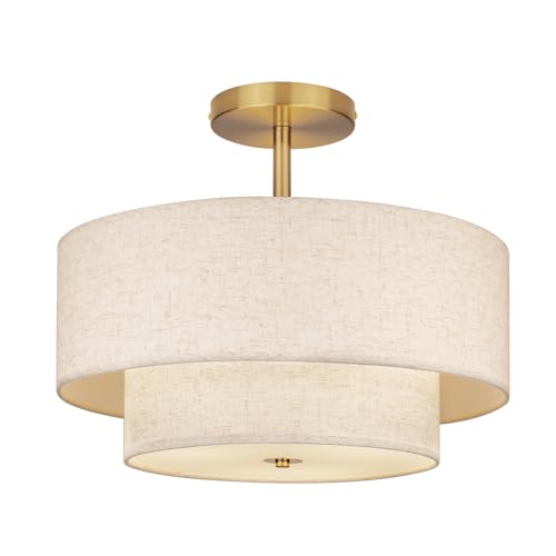 HILUXIA 18 Inch Large Semi Flush Mount Ceiling Light Fixture with Dual Drum Design Gold Farmhouse Fabric Linen Shade for Bedroom Living Room Kitchen and Dining - Modern Chandelier Lamp