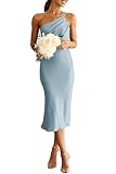 PRETTYGARDEN Women's Midi Satin Dress One Shoulder Spaghetti Strap Backless Ruched Summer Bodycon Dresses (Light Blue,Small)
