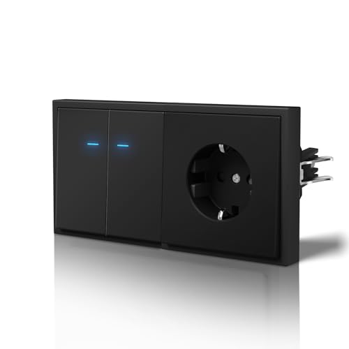 BSEED Interruptor y Enchufe,Basculante con Garfio,Botón Pulsador con Pilotitos LED,Fácil Instalación,C-Series,2 Gang 1 Vía Con Enchufe,150mm Negro